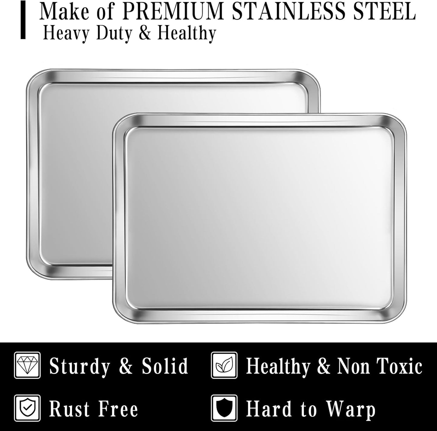 Stainless Steel Baking Sheet Set, 2 Pcs Half Cookie Sheet Pan Baking Trays for Oven, Non Stick and Heavy Duty and Easy Clean, 17.71 x 13.7 x 1 Inch