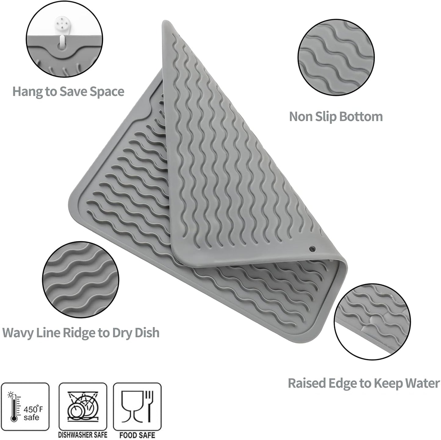 Silicone Dish Drying Mat for Multiple Usage,Easy clean,Eco-friendly,Heat-resistant Silicone Mat for Kitchen Counter or Sink,Refrigerator or Drawer liner Grey M 12 inches x 12 inches