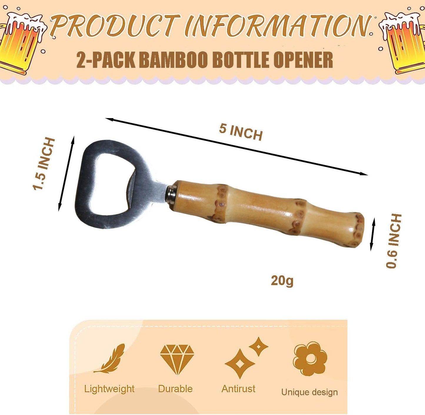 2PCS Bamboo Bottle Openers,Beer Bamboo Bottle Openers,Soft Drinks-Handcraft Handle（yellow）