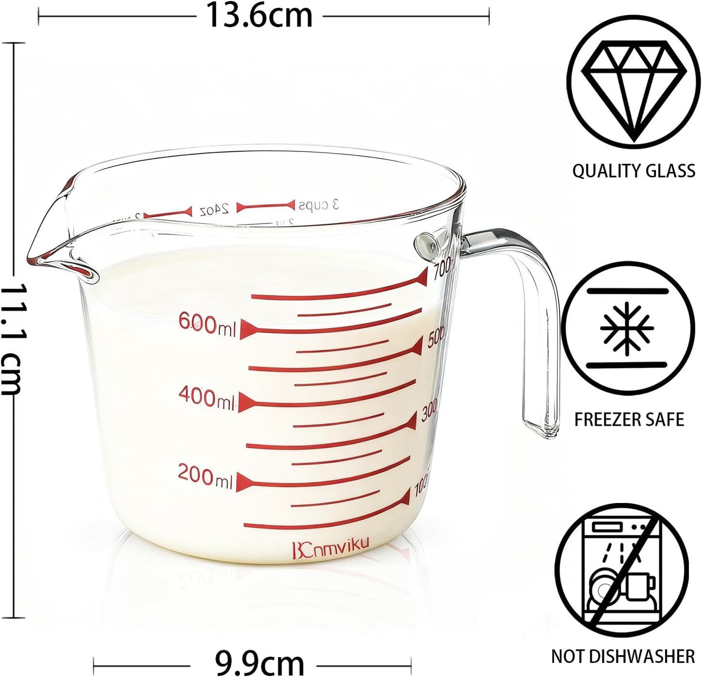 BCnmviku Glass Measuring Cups High Borosilicate [Insulated Handle | V-Shaped Spout]For Prepping Baking and Cooking Preheated Oven Dishwasher Freezer and Microwave Safe (700ml)