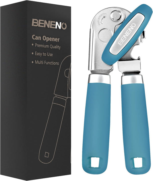 Beneno Can Opener Manual with Magnet, Hand Held Heavy Duty Can Opener with Durable Sharp Blade Smooth Edge, Big Effort-Saving Knob, Soft Grip Rubber Handle, Multifunctional Bottle Opener, Aqua