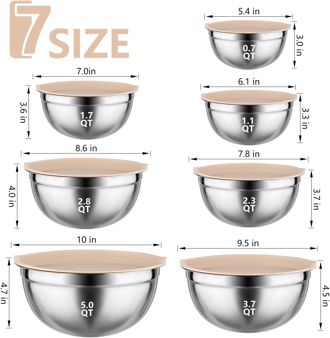 Mixing Bowls with Lids set - 25 PCS Stainless Steel Nesting Khaki Mixing Bowls Set for Baking,Mixing,Serving & Prepping,Size 5, 3.7, 2.8, 2.3, 1.7, 1.1, 0.7QT, 11 Cooking Utensils