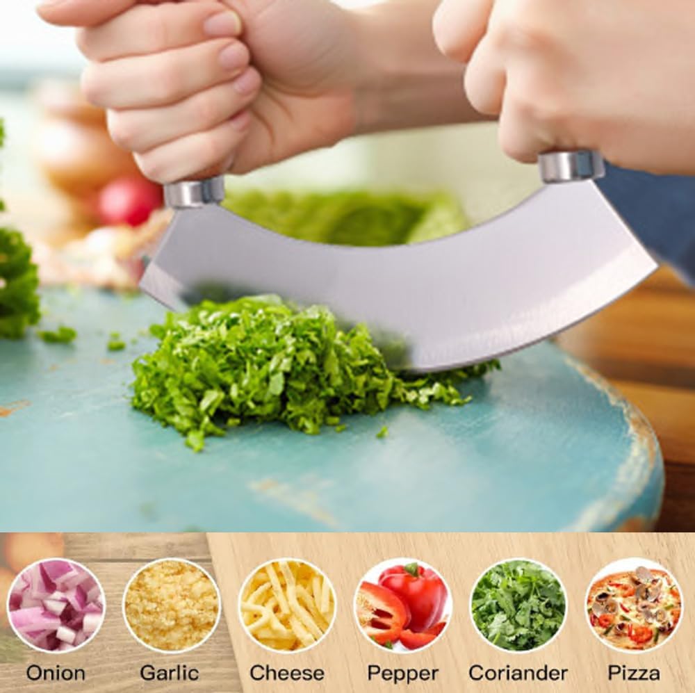 5.4 Inch Stainless Steel Mezzaluna Knife - Salad Chopper Rocker Pizza Cutter Rocker Knife Curved Blade Sharp Blade Double Acacia Wood Handle Fruit Vegetable Mincing (5.4 Inch Silver)