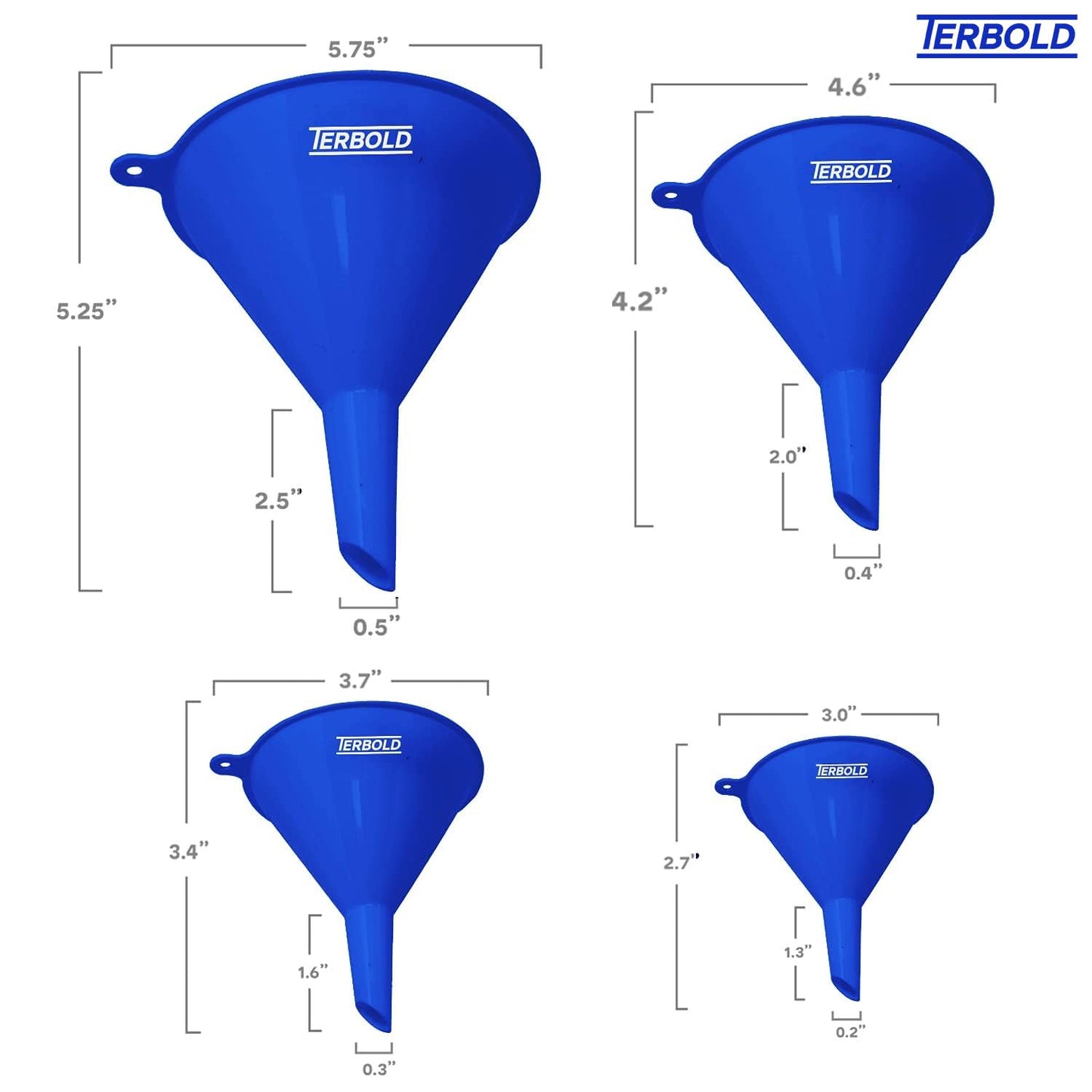4pc Funnel Nesting Set in BPA Free Plastic for Kitchen Cooking, Car Oil, Home, or Lab Use (Blue)