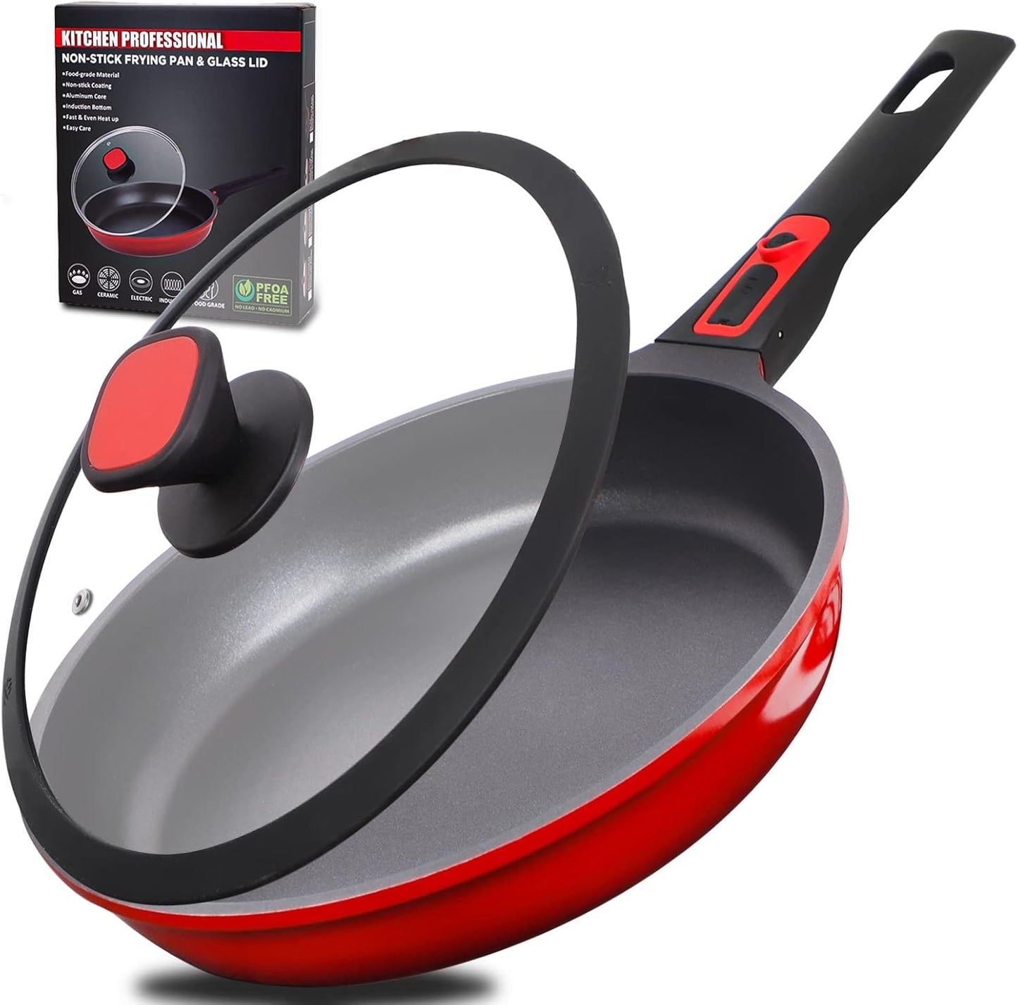 DIIG Nonstick Frying Pan Skillet with Silicone Lid, 11.5 Inch Oven Safe Chef Pan for Cooking Saute Omelet Sauce Pan Cast Aluminum Red Cookware with Detachable Handle, Induction All Stoves Compatible