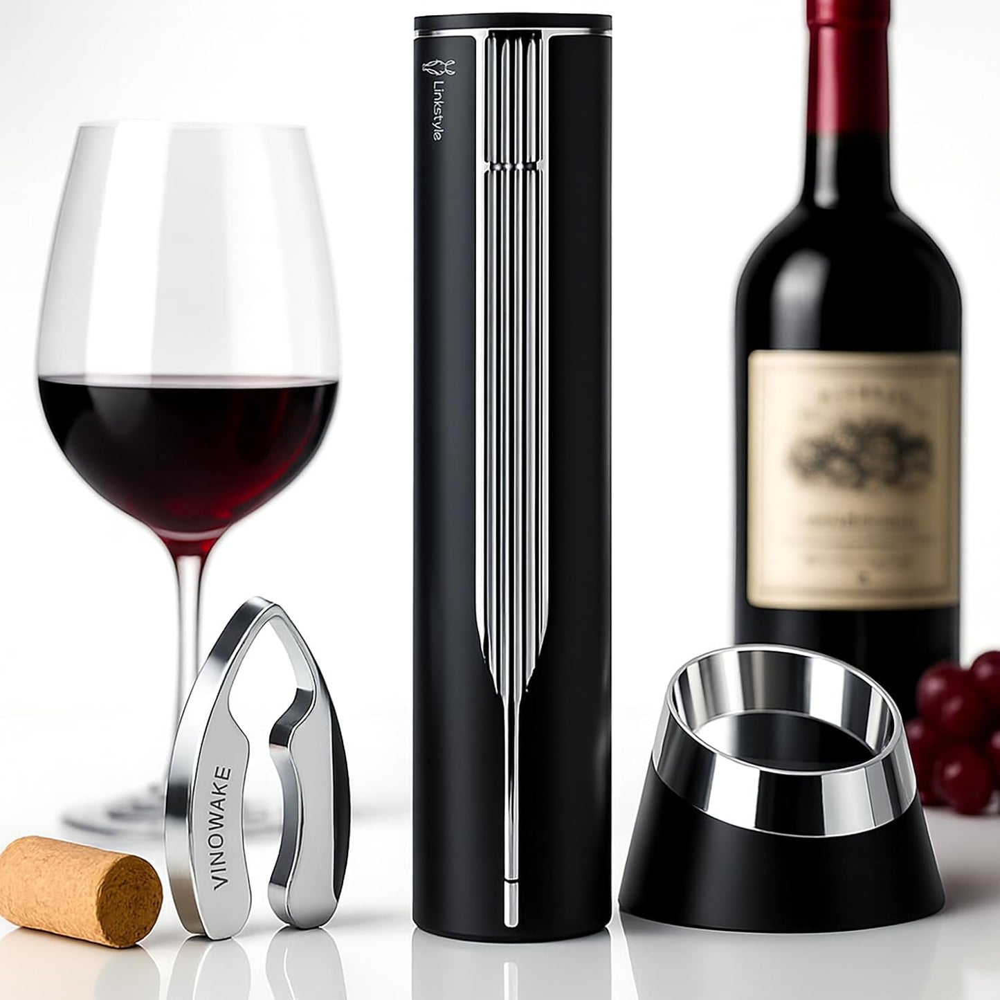 VINOWAKE Openero Electric Wine Opener By LINKSTYLE — Rechargeable Battery with Charging Base, Precision Steel Foil Cutter, Luxurious Matte Finish