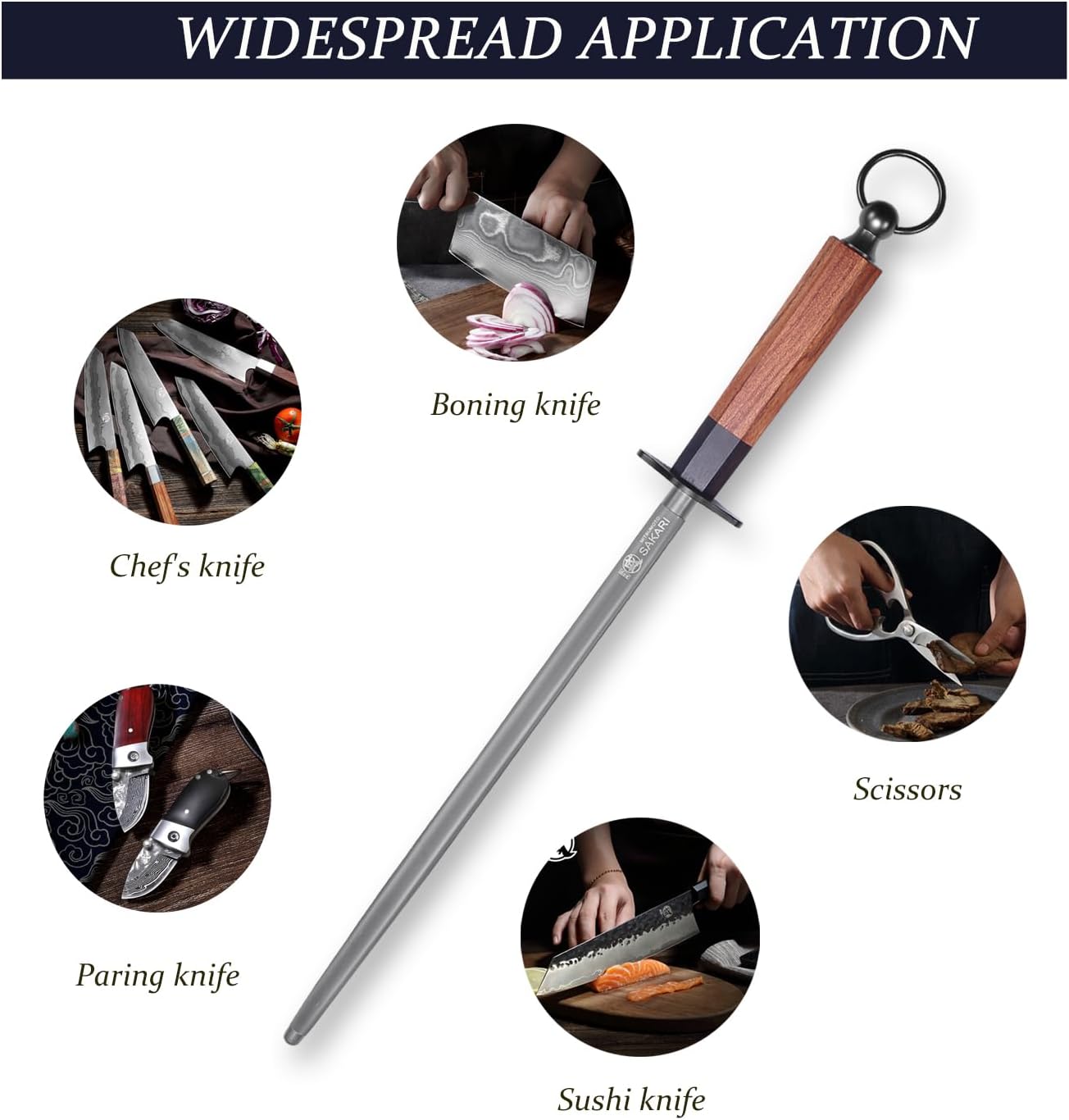 MITSUMOTO SAKARI 12 Inch Round Honing Rod, Japanese High Carbon Honing Steel (Sourwood Handle)