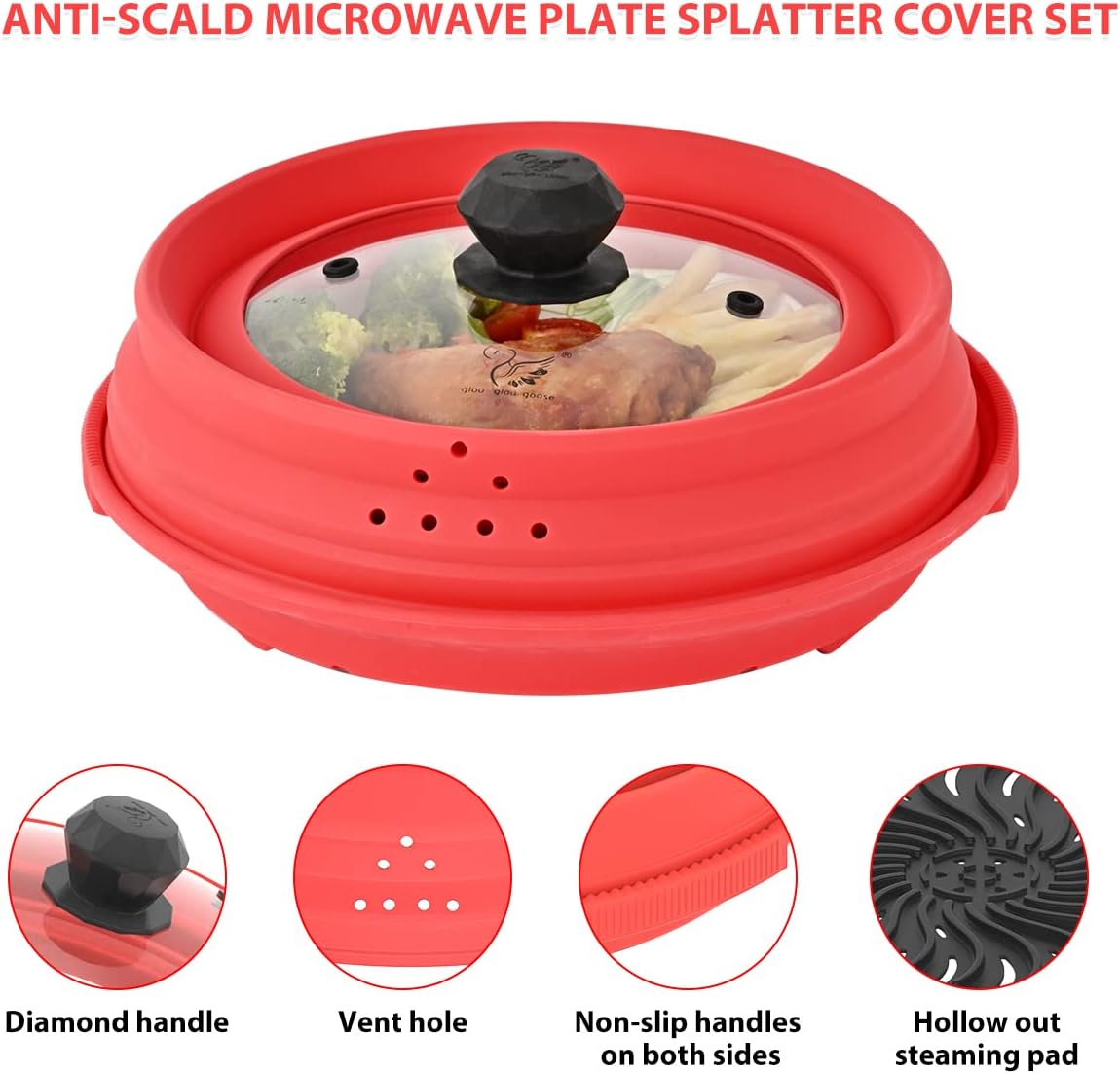 Microwave Splatter Silicone Cover Collapsible, Vented Multifunction Splash Lid with Glass Dish Bowl Plate for Food Cooking Bacon Maker, Dishwasher Safe BPA-Free 10.5 inch Cookware Set with Gloves