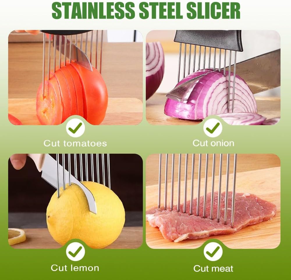 2025 New Onion Holder for Slicing, Stainless Steel Onion Slice Holder Vegetable Slicer Cutter for Potato and Tomato, Kitchen Chopper Slicing Assistant Tool Lemon Slicer Onion Cutter for Slicing (2PCS)