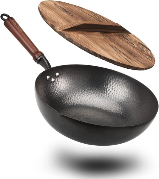 12.5" Wok Pan- Woks and Stir Fry Pans, Carbon Steel Wok, Flat Bottom Wok with Lid Suits for all Stoves