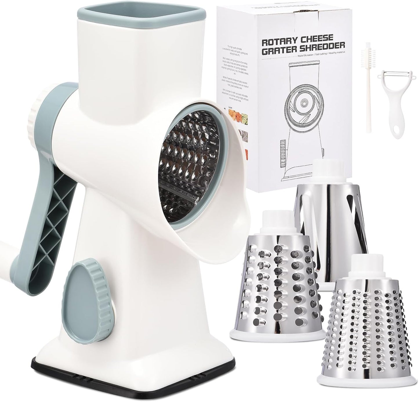 Rotary Cheese Grater Hand Crank Cheese Shredder Vegetable Mandoline Slicer for Kitchen 3 in 1 Changeable Blades for Cheese Potato Nuts Chocolate Ice (WhiteBlue)