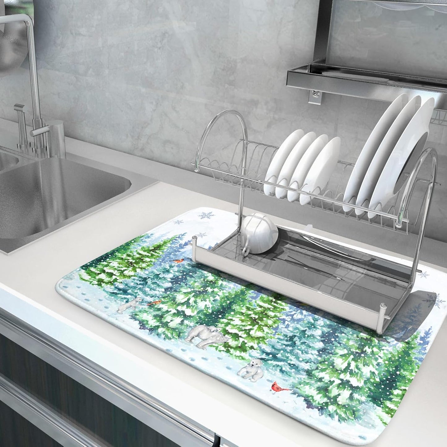 Winter Bear Bird Dish Drying Mat - Welcome Christmas Snowflake Drying Pad for Counter Forest Wildlife Dish Drainer Mat Cabin Animal Kitchen Accessories 18 x 24 Inch