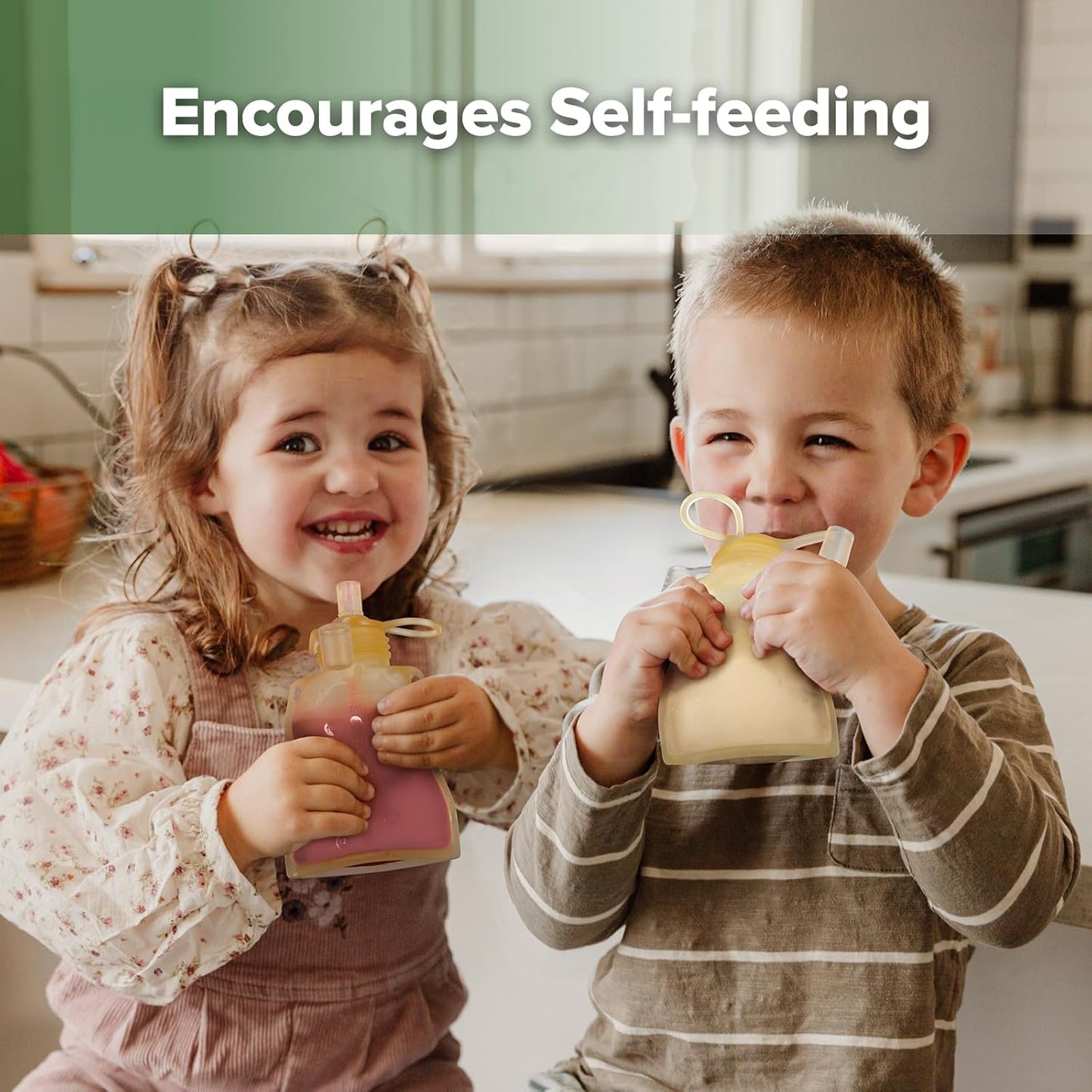 haakaa Baby Food Pouch Refillable Baby Squeeze Silicone Yummy Pouch, Soft Reusable Squeeze Storage Food Pouch for Kids Toddler,Home Made Food Puree,Smoothie Pouch Bag, 4oz, 4 Pack,6m+ (Yellow)