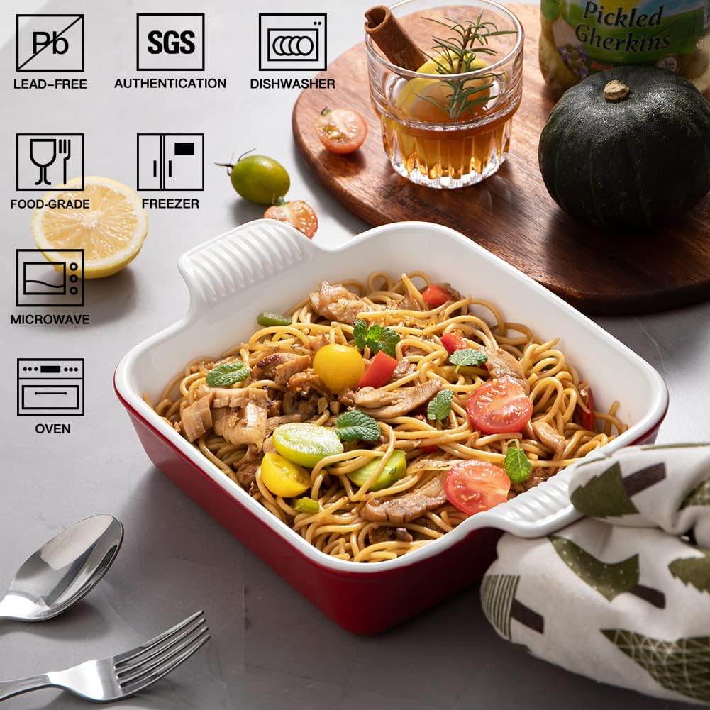 Sweejar Ceramic Baking Dish, 8 x 8 Cake Baking Pan for Brownie, Porcelain Square Bakeware with Double Handle for Casserole, Lasagna, Family Dinner (Red)
