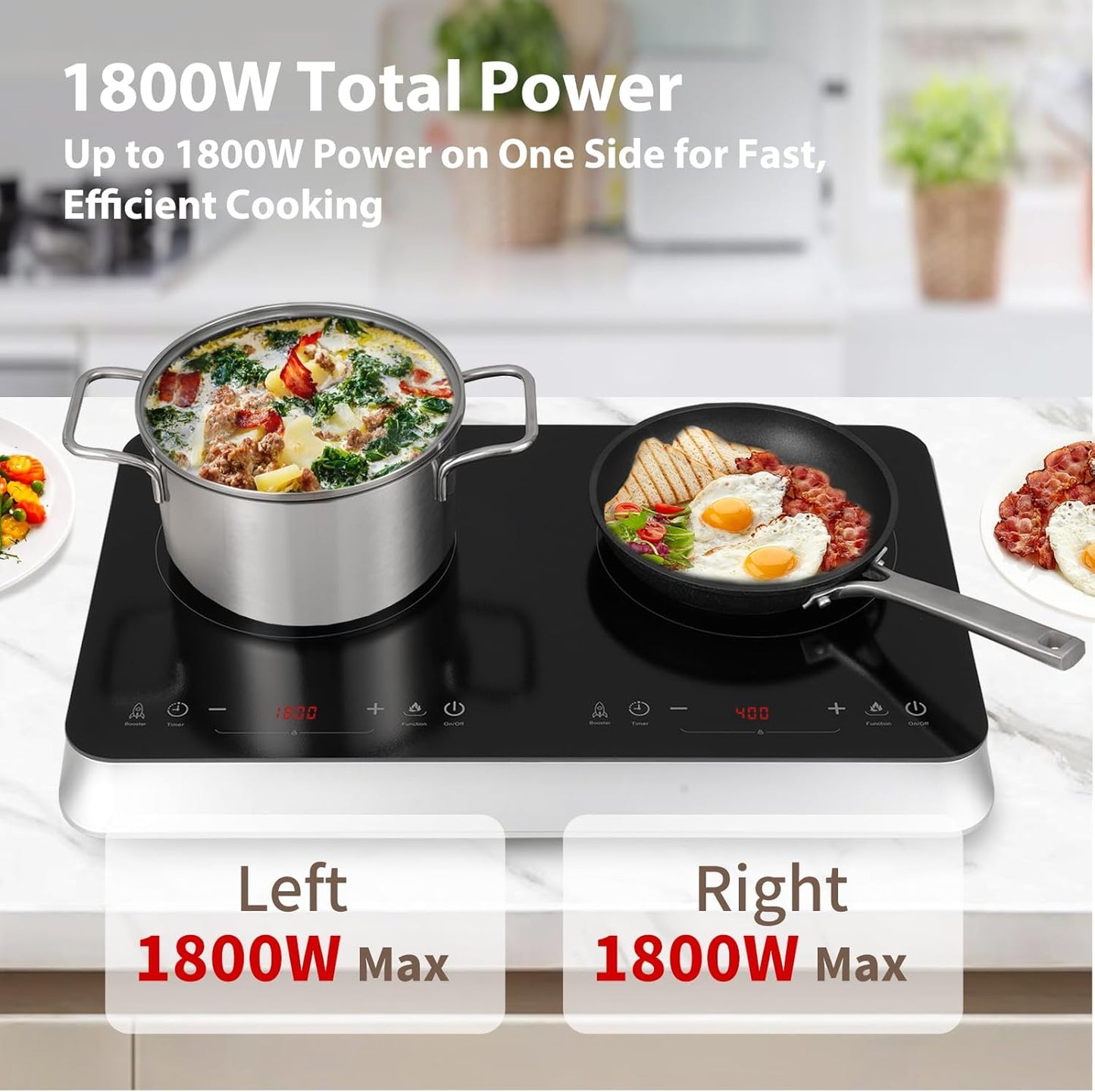 Double Induction Cooktop Burner with Fast Warm-Up Mode, 1800w 2 Burner with 10 Temperature 9 Power Settings, Portable Dual Induction Cooker Cooktop with Child Safety Lock & Time