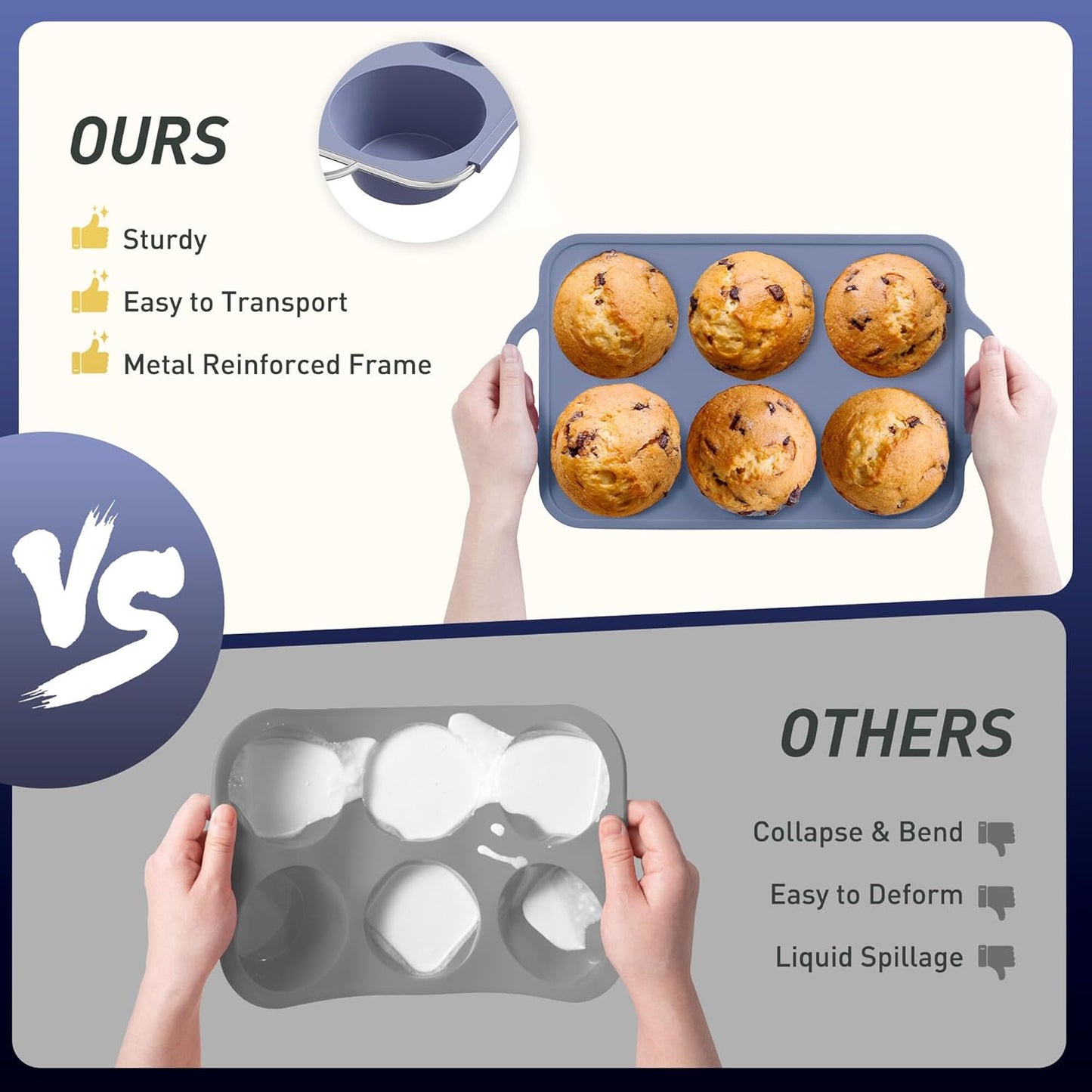 2 Packs 6 Cups Silicone Muffin Pan with Metal Reinforced Frame Jumbo Size Cupcake Pan Tray Egg Bites Silicone Circle Round Cookie Molds Muffin Tin Tall Tart Pans Baking Sheet Breakfast Sandwiches
