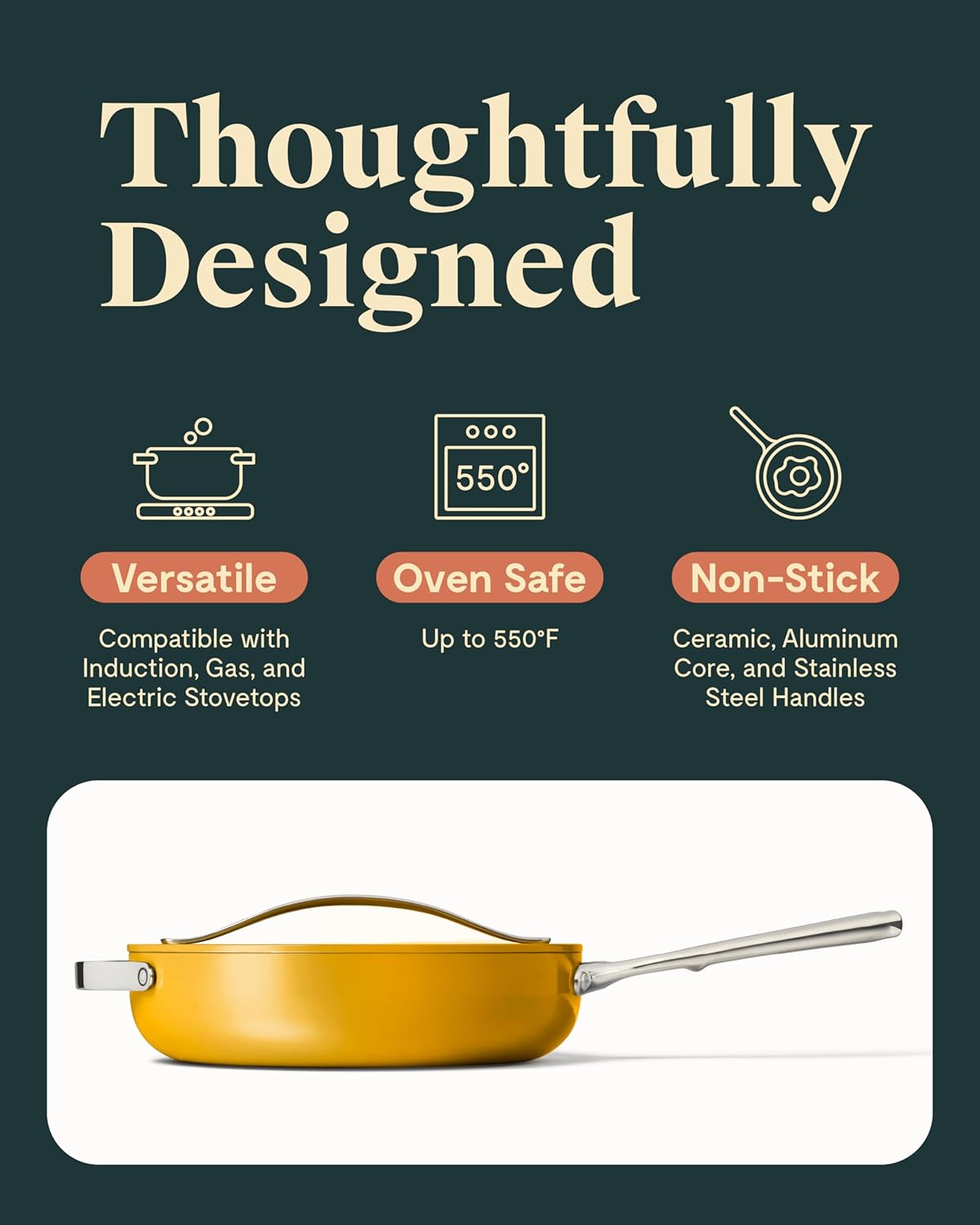 Caraway Nonstick Ceramic Sauté Pan with Lid (4.5 qt, 11.8") - Non Toxic, PTFE & PFOA Free - Oven Safe & Compatible with All Stovetops (Gas, Electric & Induction) - Marigold