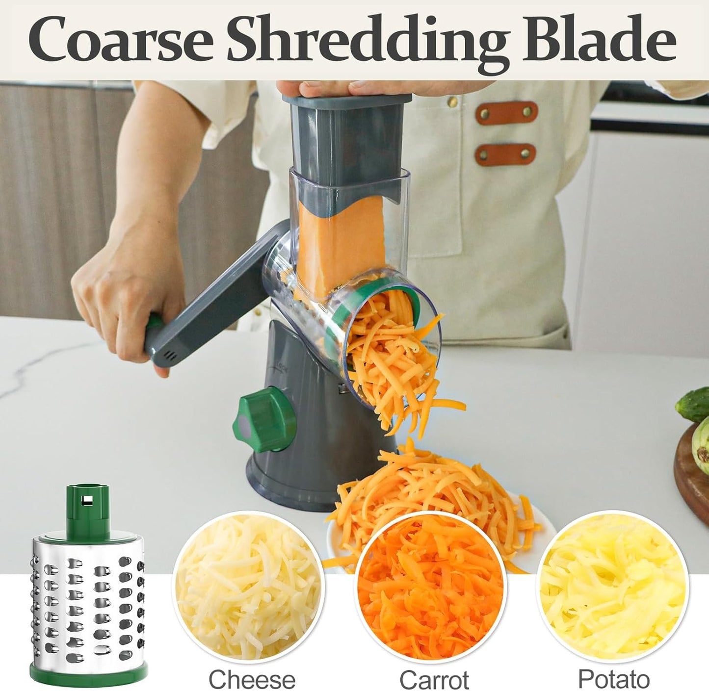 Cambom Rotary Cheese Grater Hand Crank Cheese Shredder for Fresh Cheese, Vegetable, Nuts,Non-slip Suction Base, Free Cleaning Brush Three Blades, Grey and Green