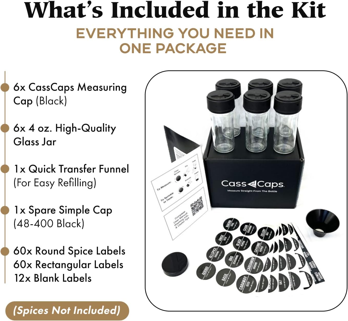 Glass Spice Jars & Measuring Cap Set - Twist to Dispense 1/4 Tsp Per Turn for Precise Cooking - Spice Jars with Lids Keep Kitchen Organized & Tidy - Enjoy Round Spice Jar Without Mess- 6 Pack