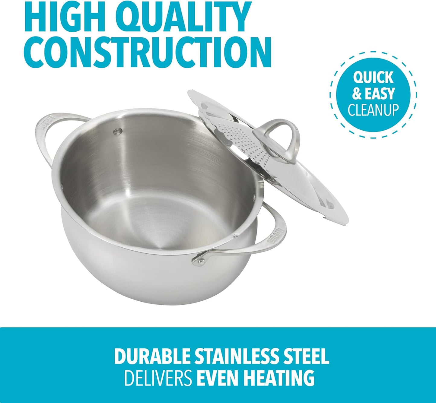 Bialetti 6-Quart Nonstick Aluminum Pasta Pot with Strainer Lid and Handles, PFOA-Free Nonstick Oval Cooking Pot and Lid, Silver