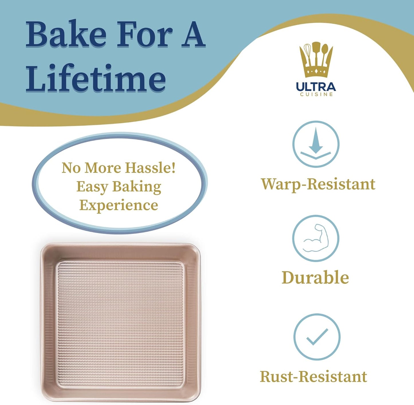 Ultra Cuisine Nonstick Square Cake Pan, Even Baking and Roasting, Easy to Clean, Durable Quality, Warp & Scratch Resistant Texture for Easy Release, Food-Safe, Size 8 x 8 inch