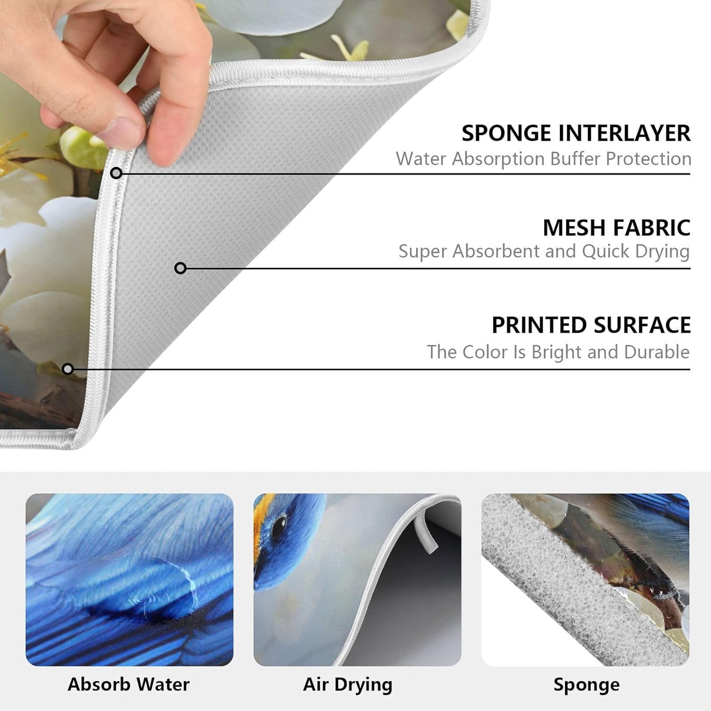 Spring Blue Yellow Flower Bluebird Butterflies Dish Drying Mat for Kitchen Ccounter Absorbent Microfiber Small Drying Pad Dish mats for Kitchen Countertops 16 x 18 Inch