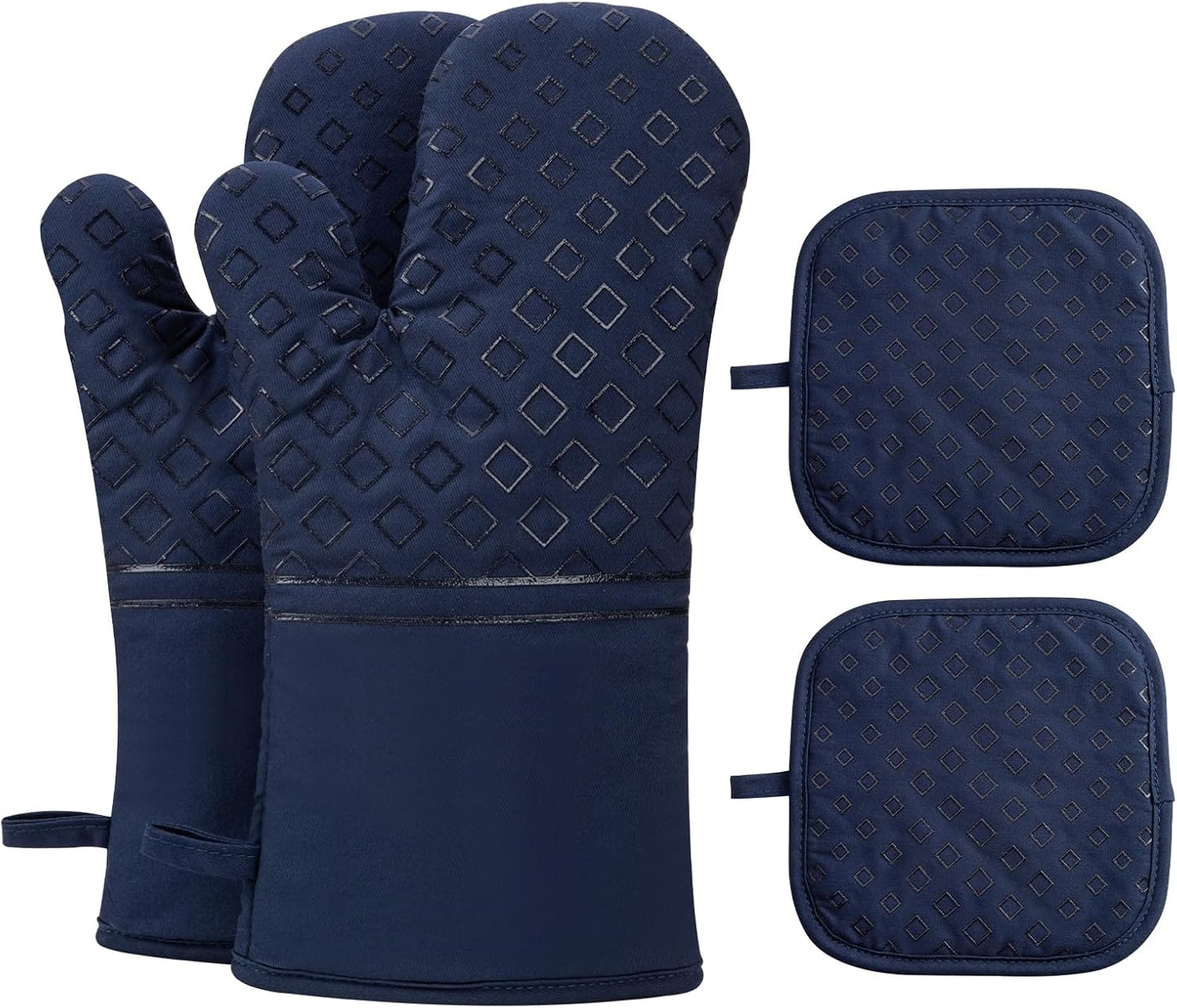 Set of 4 Oven Mitts and Pot Holders, 482 F Heat Resistant Hot Plate Moving Non-Slip Gloves for BBQ, Grill, Baking, Cooking, Oven, Microwave (Deep Blue)