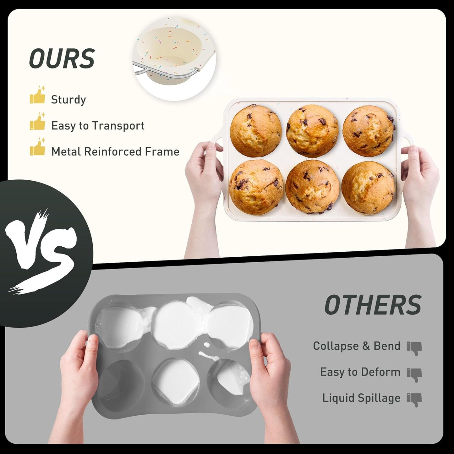 2 Packs 6 Cups Silicone Muffin Pan with Metal Reinforced Frame Jumbo Size Cupcake Pan Tray Egg Bites Silicone Circle Cookie Molds Muffin Tin Tart Pans Large Big Baking Sheet Set for Breakfast