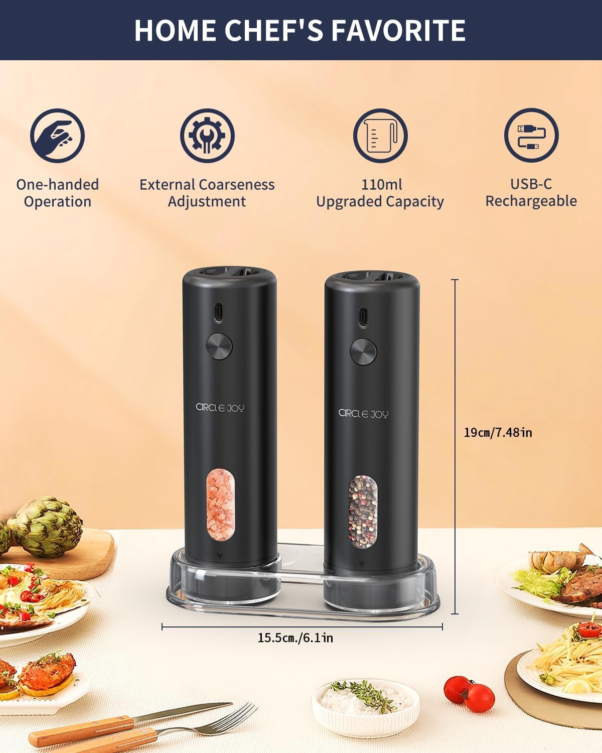 CIRCLE JOY Rechargeable Electric Salt and Pepper Grinder Set with Base, Automatic Pepper Mills with 110ml Container, External Adjustable Coarseness, White Led Light and One-Handed Operation, Black