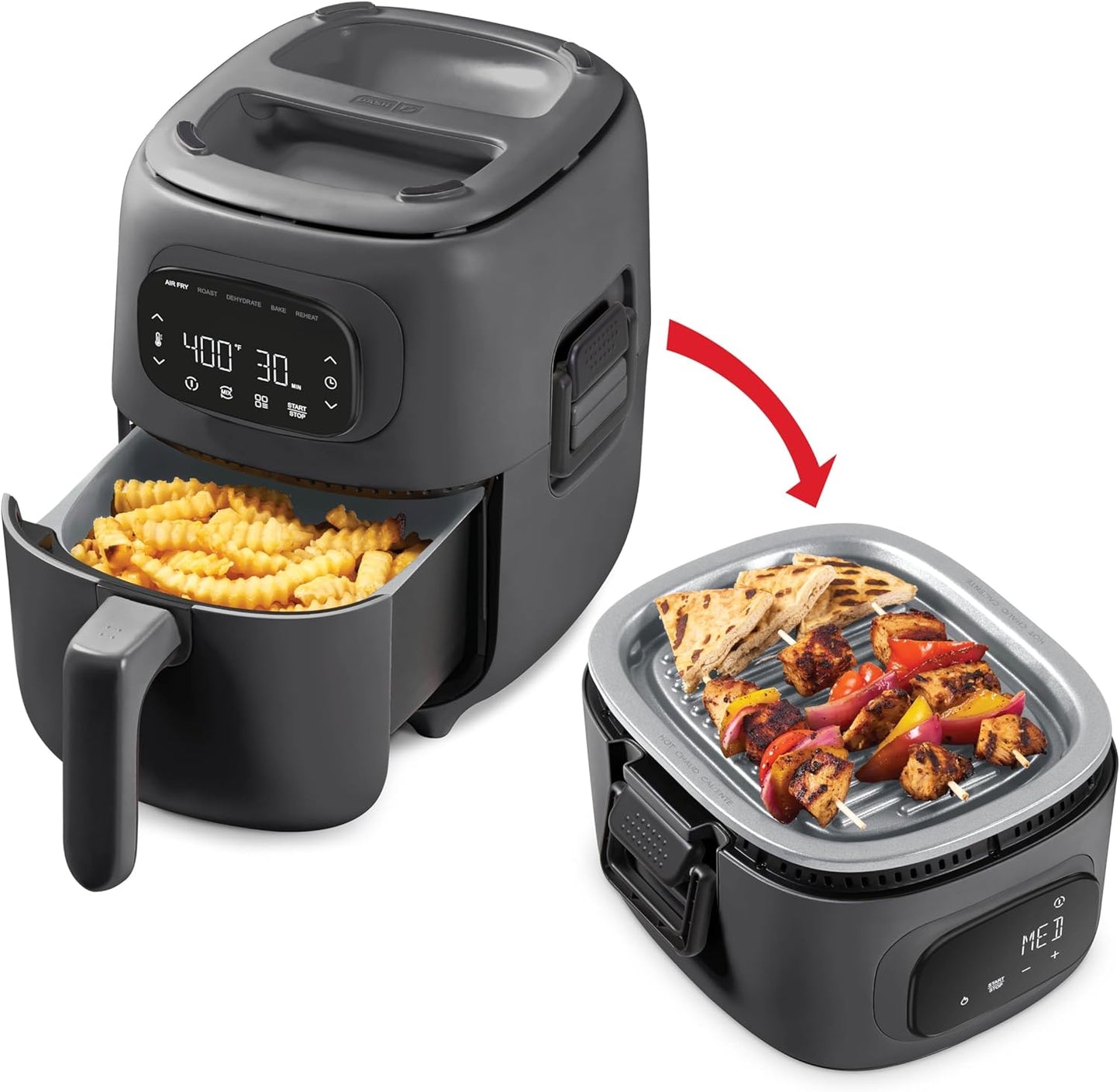 Dash Flip & Fry™ Digital 2-in-1 Grill + Air Fryer with 5 functions, 3 Qt Capacity, Air fryer & Indoor Grill for fries, wings, burgers and more - Forged Iron