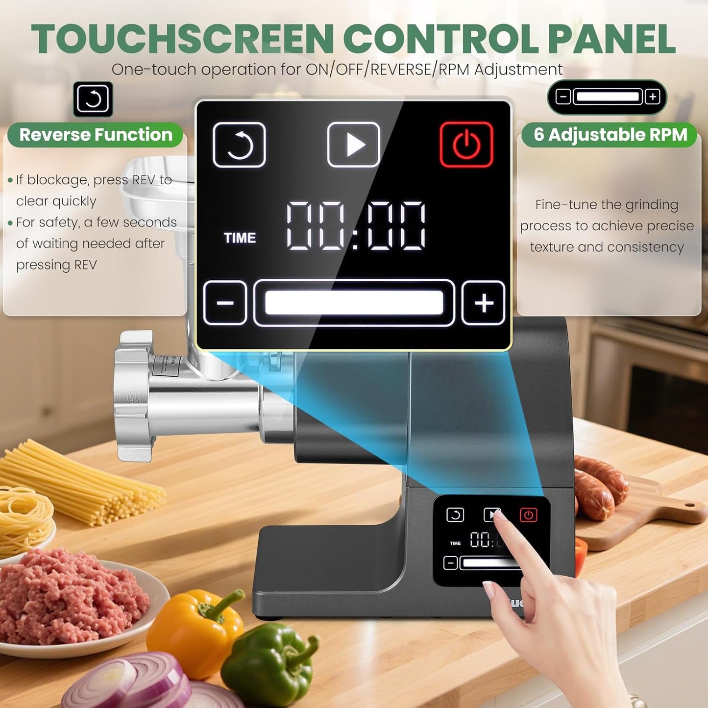 Huanyu Electric Meat Grinder 2000W Max Power Heavy Duty with Touchscreen, 2 Blades, 3 Plates, Sausage Tubes and Kubbe Kit #10 Outlet for Home Use