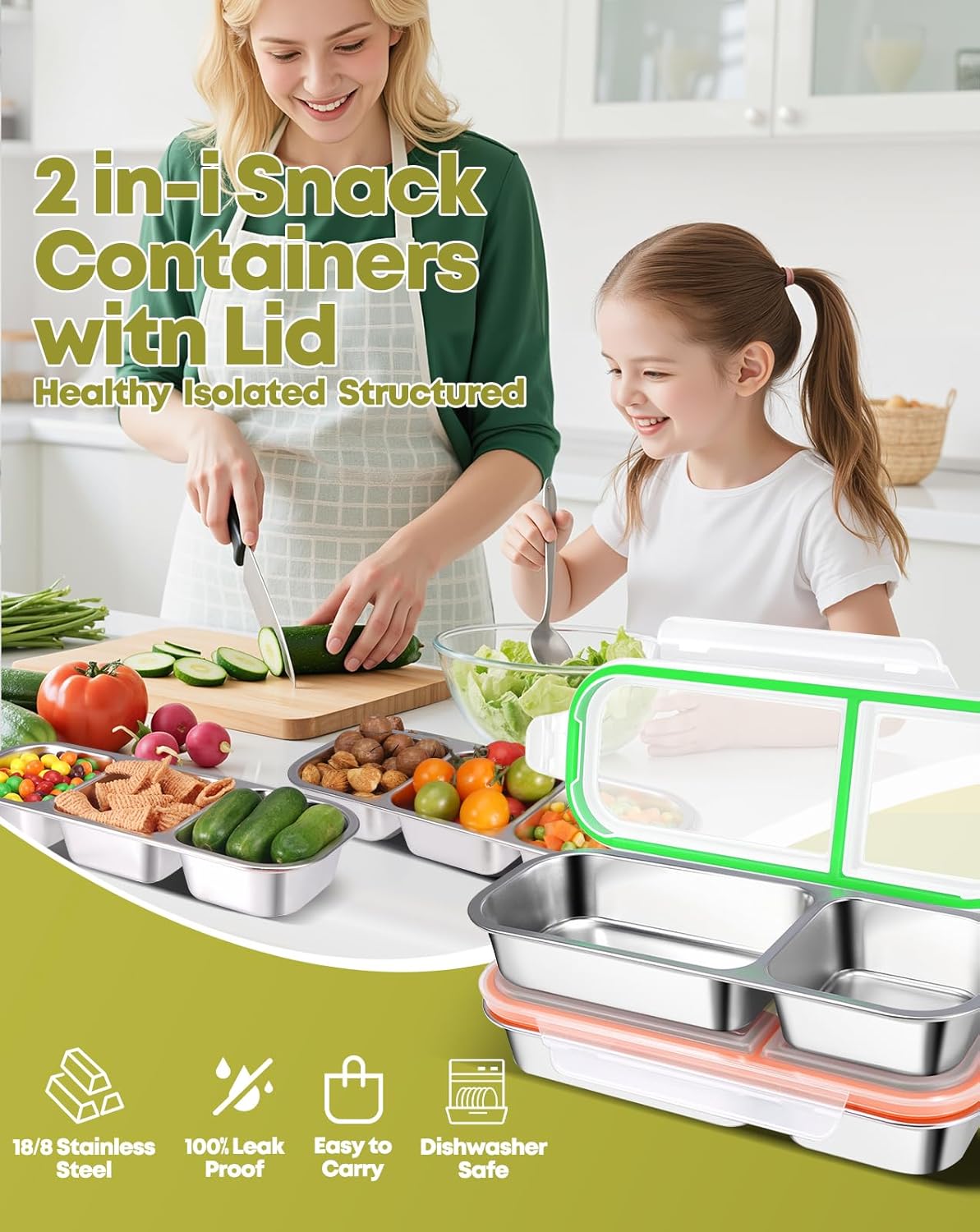 2Pack Stainless Steel Snack Containers for Kids Adults, Reusable Double Compartment Snackle Box Container with Leakproof Lids Metal Bento Lunch Food Snack Box for Travel Picnics Camping Office School