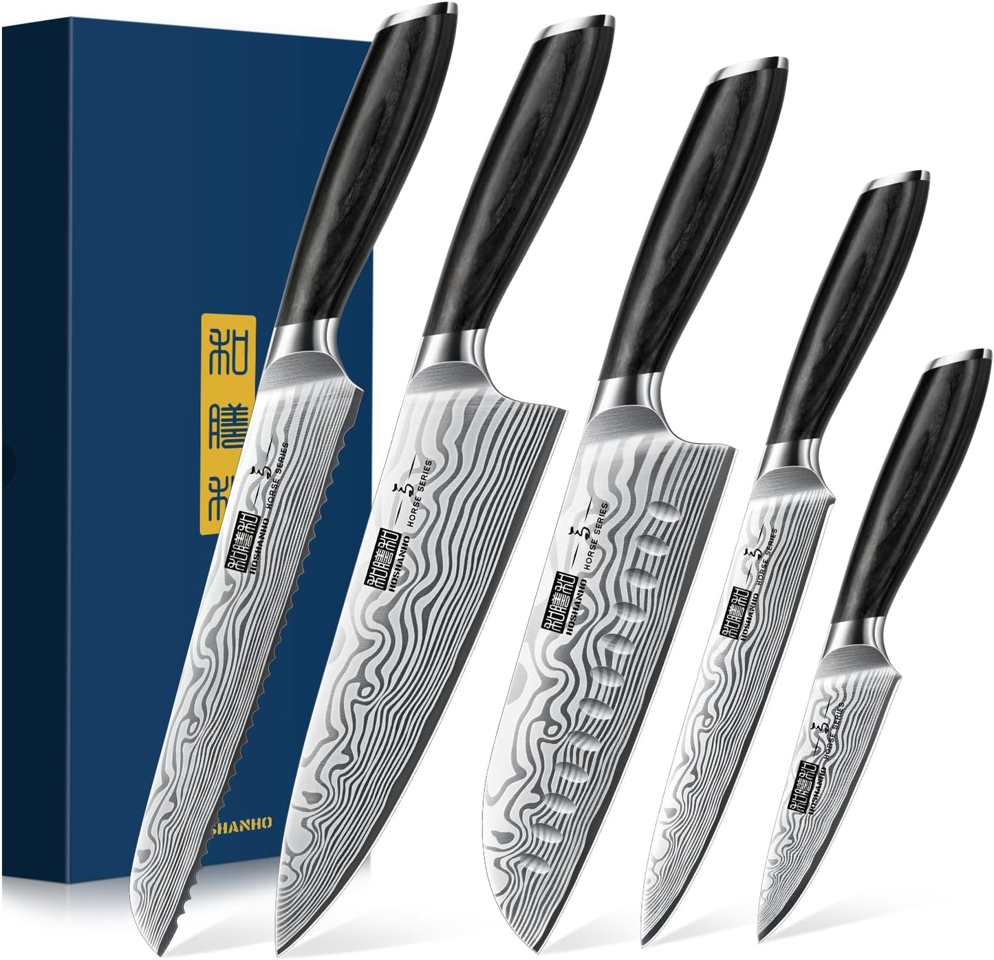 HOSHANHO 5 Pieces Knife Set, Professional Powder Steel Chef Knife Set, Ultra Sharp Japanese Kitchen Knives Set with Ergonomic Pakkawood Handle