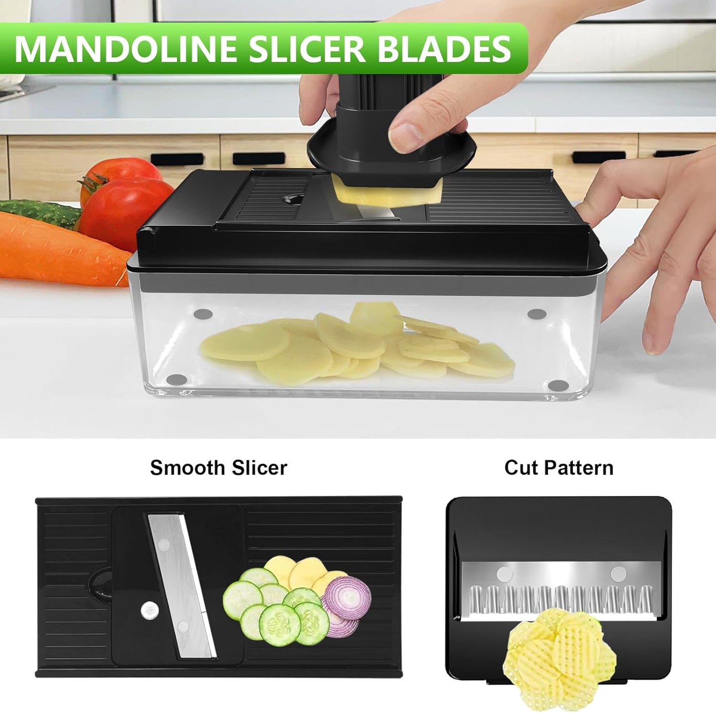 Vegetable Chopper, Onion Chopper Dicer, Mandoline Slicer, Food Chopper with Container, Vegetable Cutter for Salad Potato Carrot Garlic（9 Blades, Black）