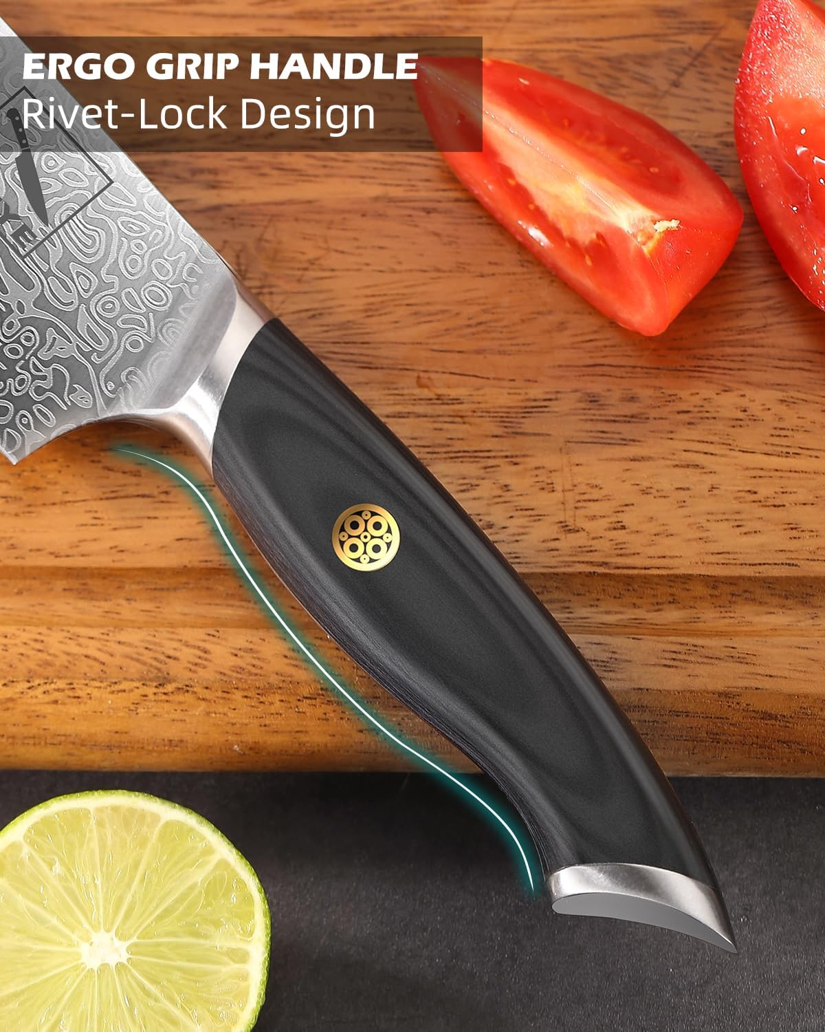 Professional 8" Kitchen Knife, Flex Core German Steel, Non Slip Blackwood Handle. Anti-Stick Blade, Dishwasher Safe, Heavy-Duty for Meat & Veggies