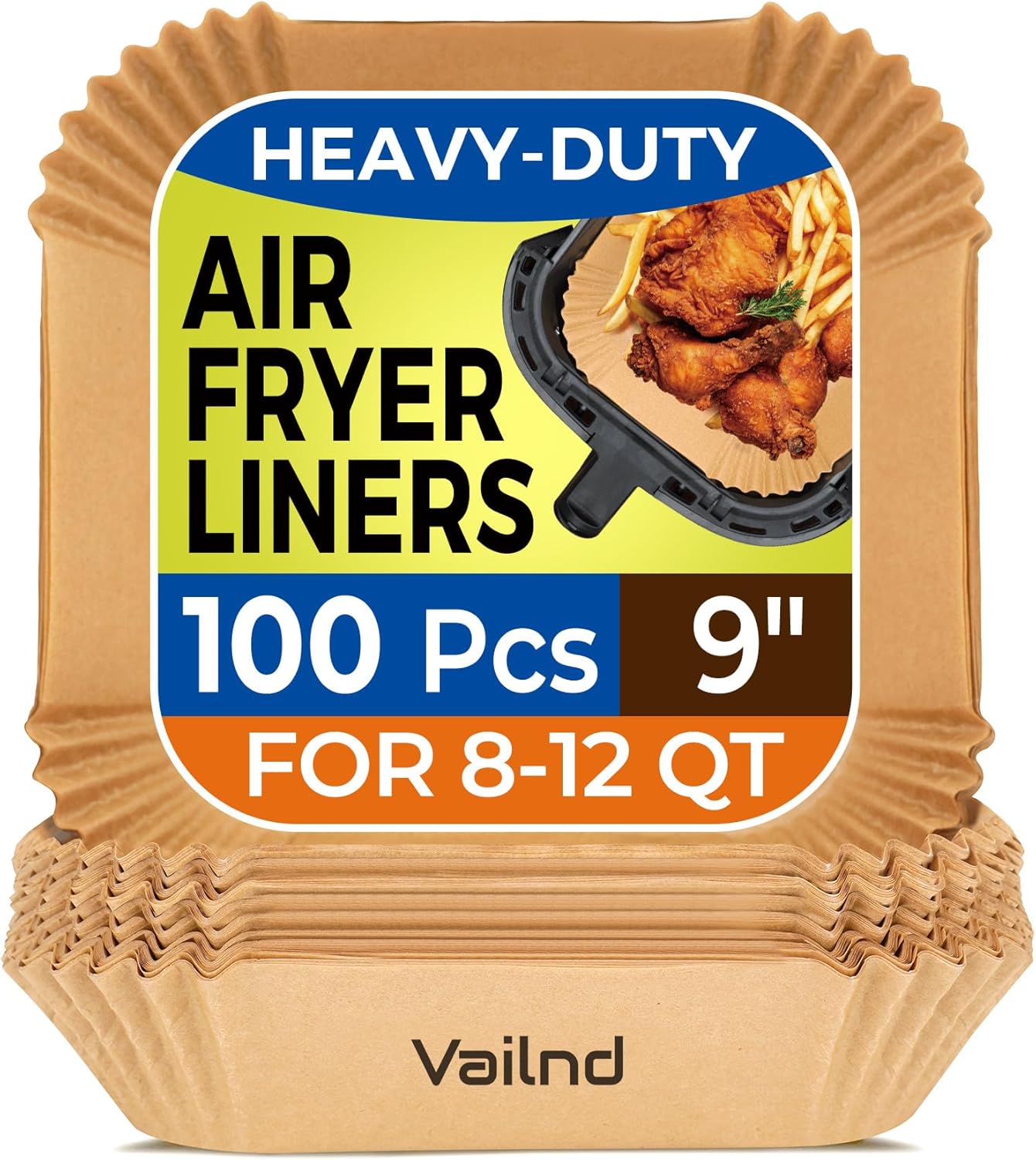 Vailnd Air Fryer Liners Disposable, 100Pcs 9 Inch Max Xl Large Cooker Airfryer Paper Liners, Oil Proof Parchment Sheets Square Basket Baking Liner for 8/10/11/12 QT Air Fryer Microwave