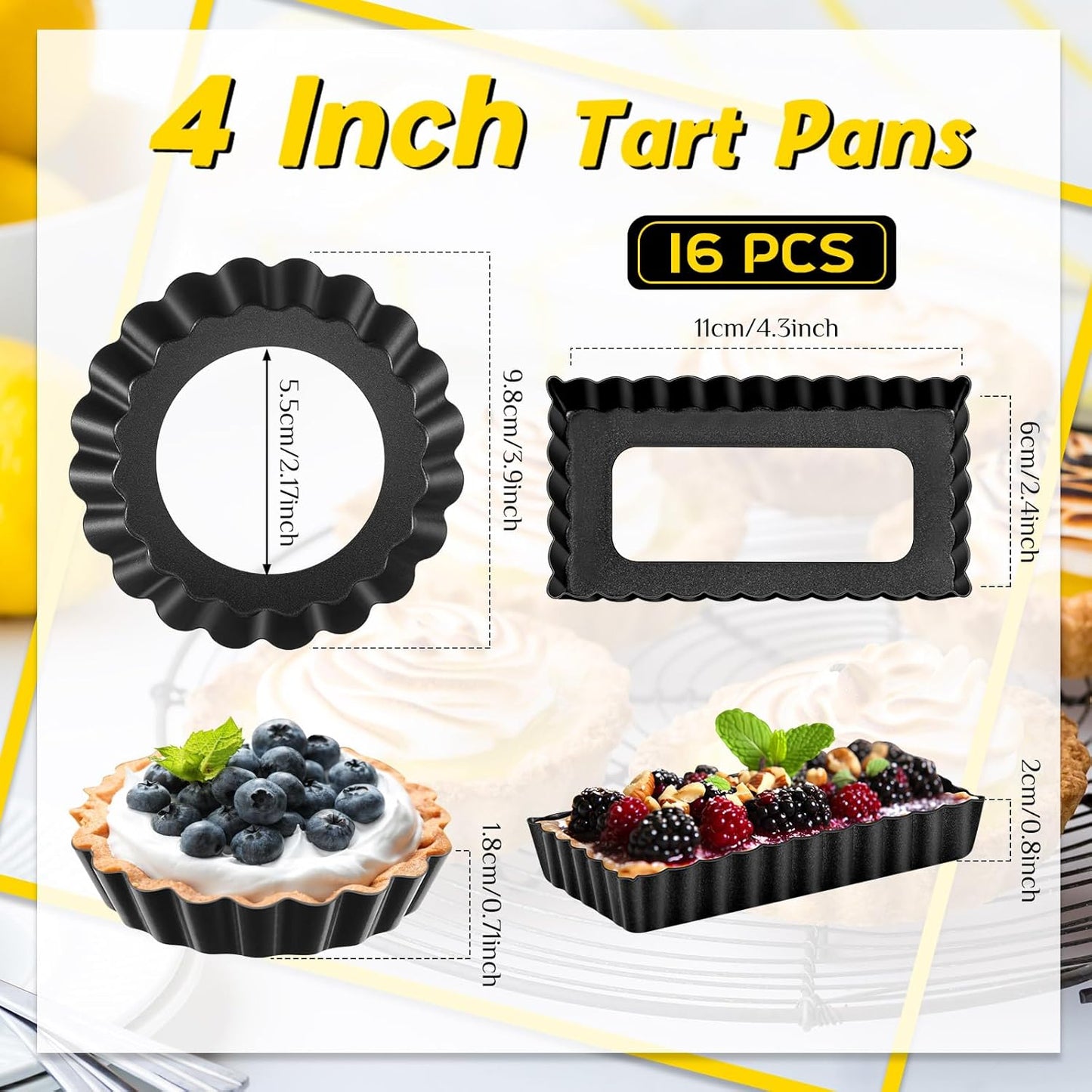 Tessco 16 Pieces Mini Tart Pans with Removable Bottom Nonstick Quiche Mini Pie Tart Pans Bakeware Mold Fluted Side for Pies(Black Round and Rectangle,4 Inch and 4.33 x 2.36 x 0.79 Inch)