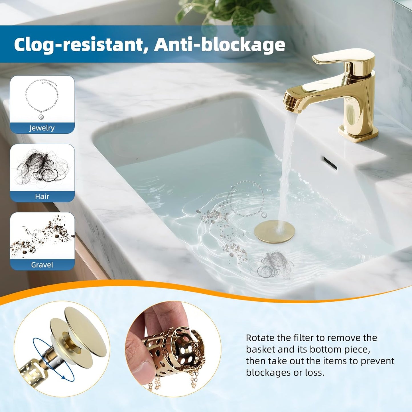 Hibbent Upgraded 3 in 1 Bathroom Sink Drain Strainer, Pop Up Sink Stopper with Big Push Cap, Anti-Clogging Metal Filter Basket,Sink Plug with Hair Catcher for 1.1''~2.36'' Basin, Brushed Gold