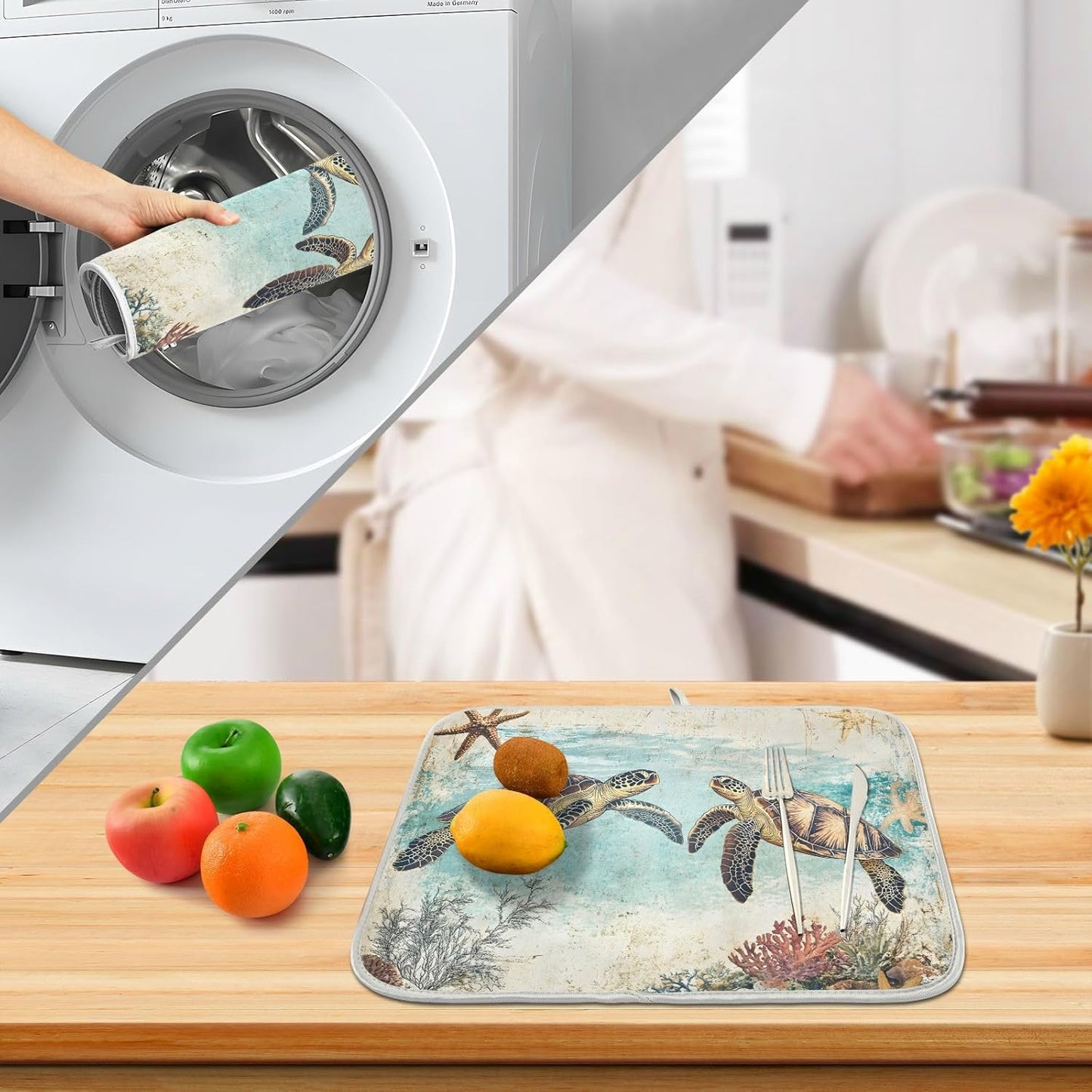 Vintage Ocean Sea Turtle04 Dish Drying Mat for Kitchen Counter Absorbent Microfiber Small Drying Pad Dish mats for Kitchen Countertops 16 x 18 Inch