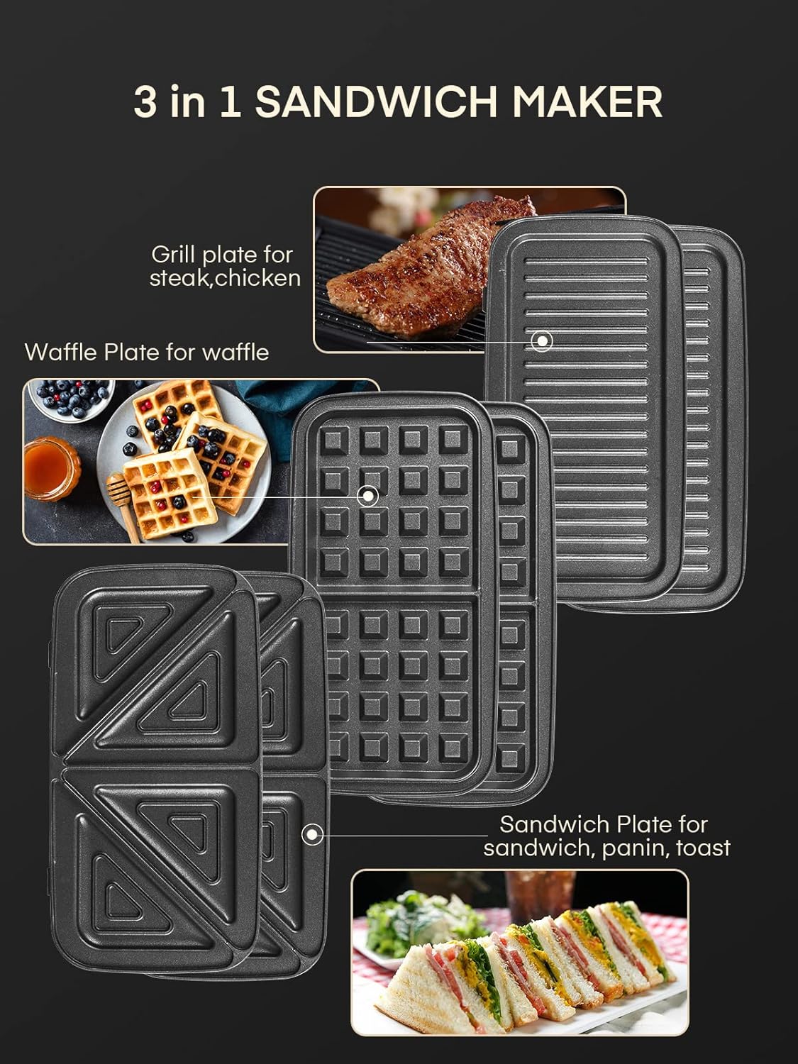 FOHERE Sandwich Maker 3 In 1 Waffle Maker With Removable Plates,Grilled Cheese Maker, 5-gear Temperature Control, Non-stick Coating Easy to Clean, Indicator Lights, Silver/Black