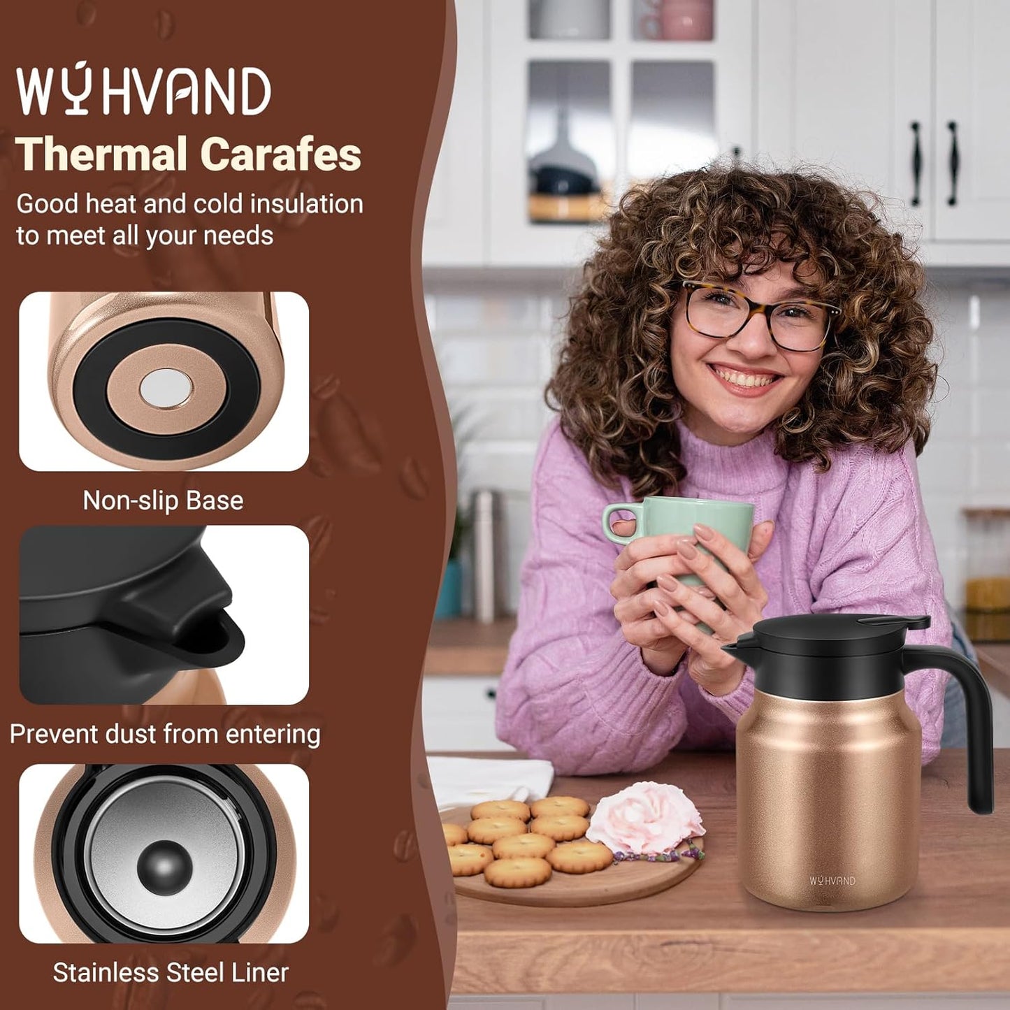 34Oz Thermal Coffee Carafes For Keeping Hot/Cold, Stainless Steel Coffee Carafe, Dustproof Insulated Water Carafe for Party/Home,Copper