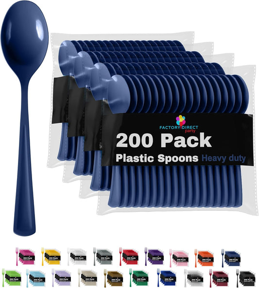 Heavy Duty Plastic Cutlery - 200 Pcs, Disposable Navy Plastic Spoons, Flatware, Silverware