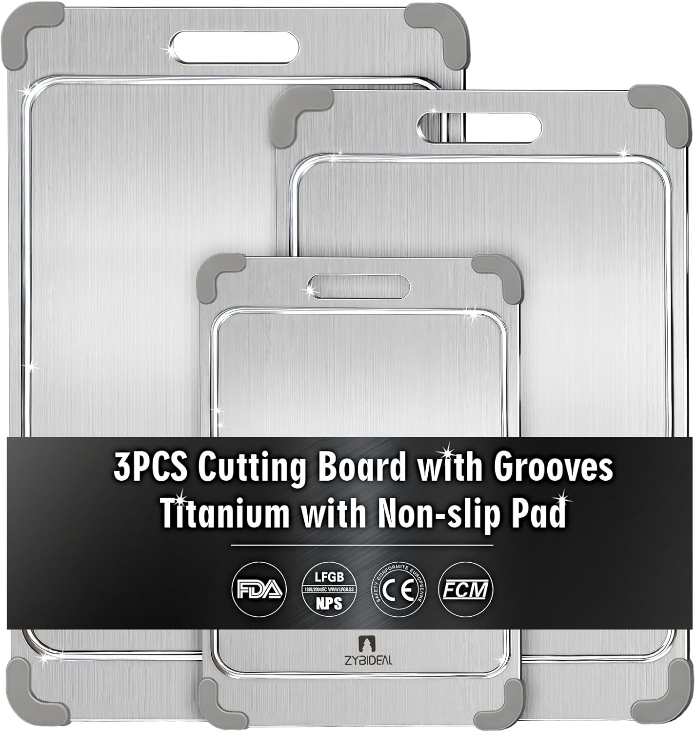 3Pcs 100% Pure Titanium Cutting Board with Grooves, Update Double Side Titanium Chopping Board, Silicone Anti-slip Stainless Cutting Boards Set for Kitchen, Grey