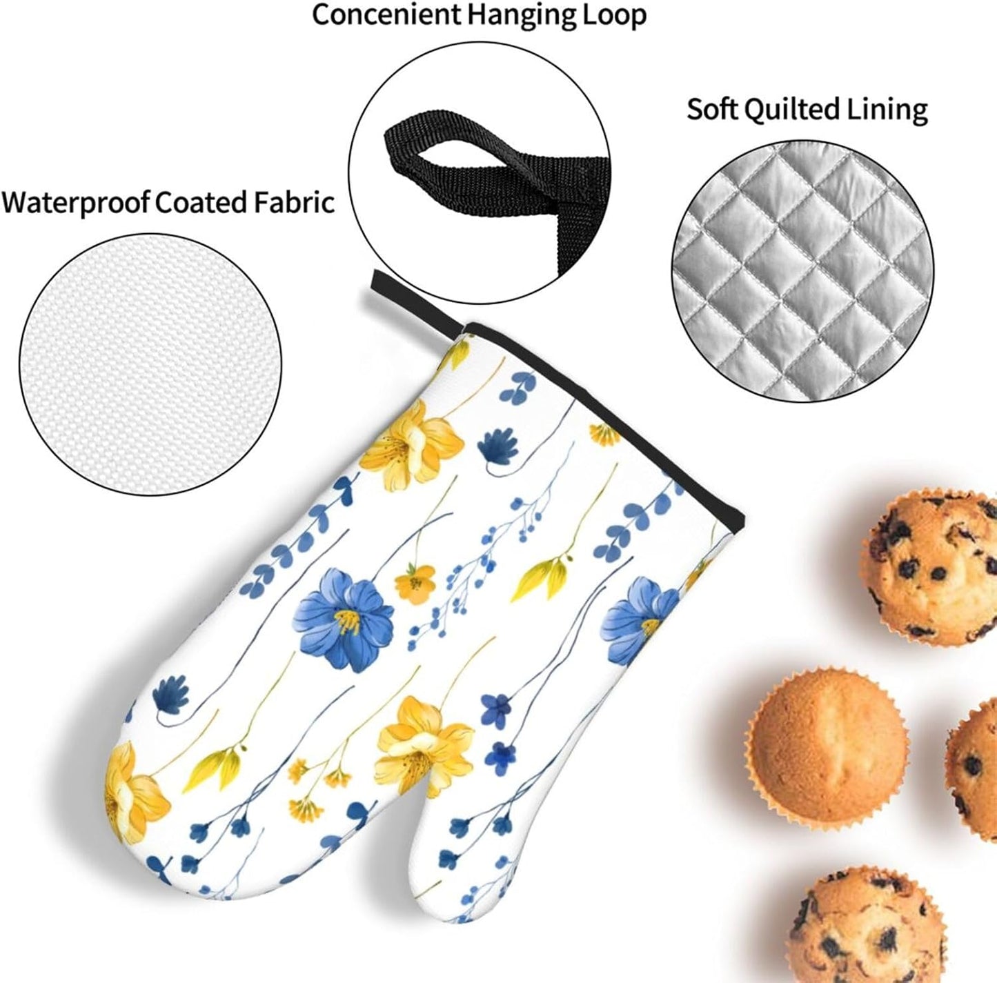 Navy Blue Yellow Flower Oven Mitts and Pot Holders Sets of 3 Watercolor Floral Decorative Hot Pads Heat Resistant Non Slip Washable for Cooking Grilling Baking BBQ Kitchen Decor