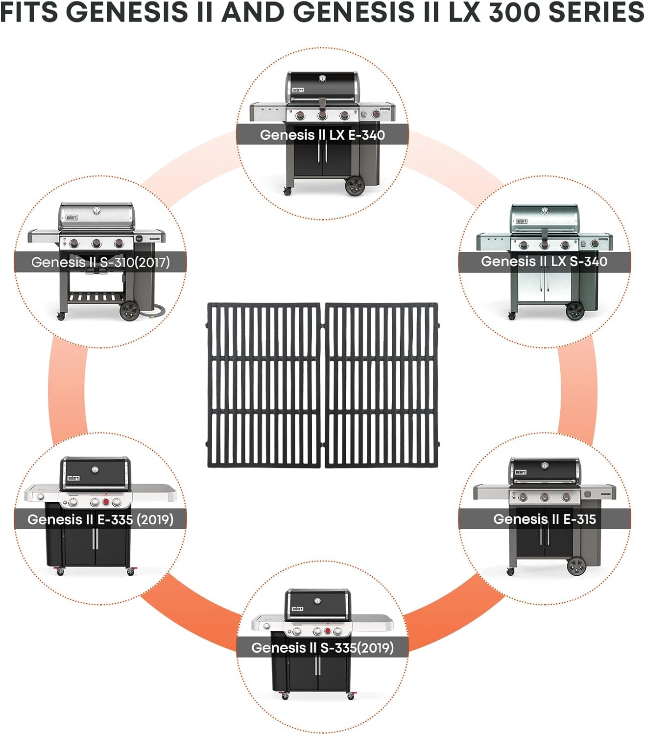 Stanbroil Cast Iron Cooking Grate for Weber Genesis II and Genesis II LX 300 Series Gas Grills - Grill Grid Grate for Weber Genesis 2022 - Replacement Parts for Weber 66095, Set of 2