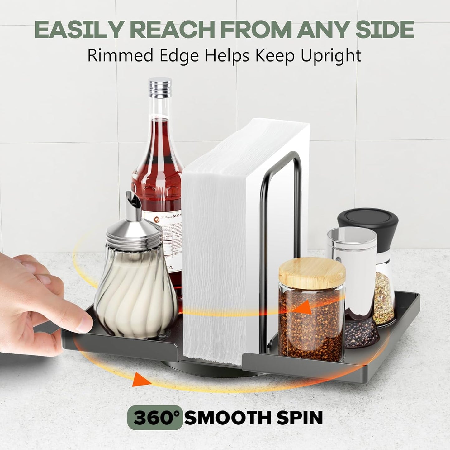 Napkin Holder for Table, Rotating Napkin Dispenser with Salt and Pepper Shakers Storage, Metal Paper Towel Holder for Table, Kitchen Countertop, Dining Table Decor Black Not Including Shakers