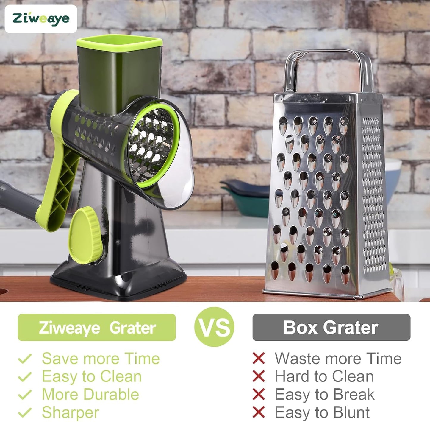 Rotary Cheese Grater Hand Crank Cheese Shredder Vegetable Mandoline Slicer for Kitchen 3 in 1 Changeable Blades for Cheese Potato Nuts Chocolate Ice (Green TSP)