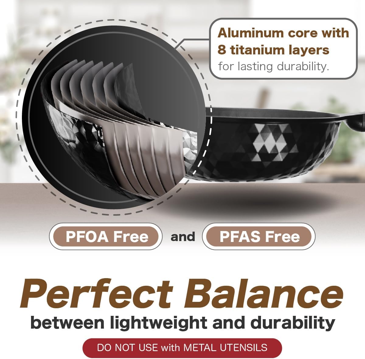 Diamond X Premium Non Stick Wok Pan - 11" Large Flat Bottom Chinese Wok - Woks & Stir-fry Pans Nonstick - Titanium-Coated 8-Layered Korean Engineered Skillet for Frying, Oil-Free, PFOA-Free