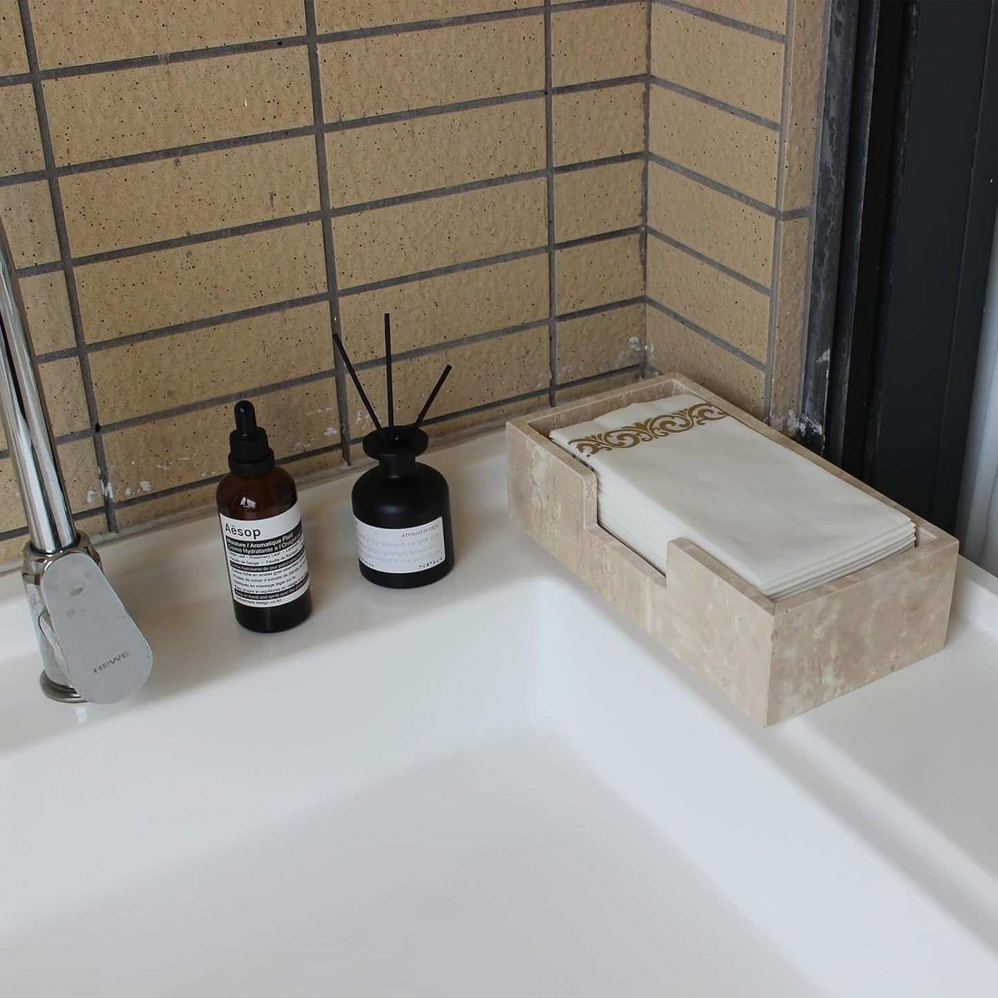 Natural Travertine Napkin Holder 9.8"x4.9"x2.8", Guest Towel Holder, Paper Hand Basket for Bathroom/Kitchen/Restaurant