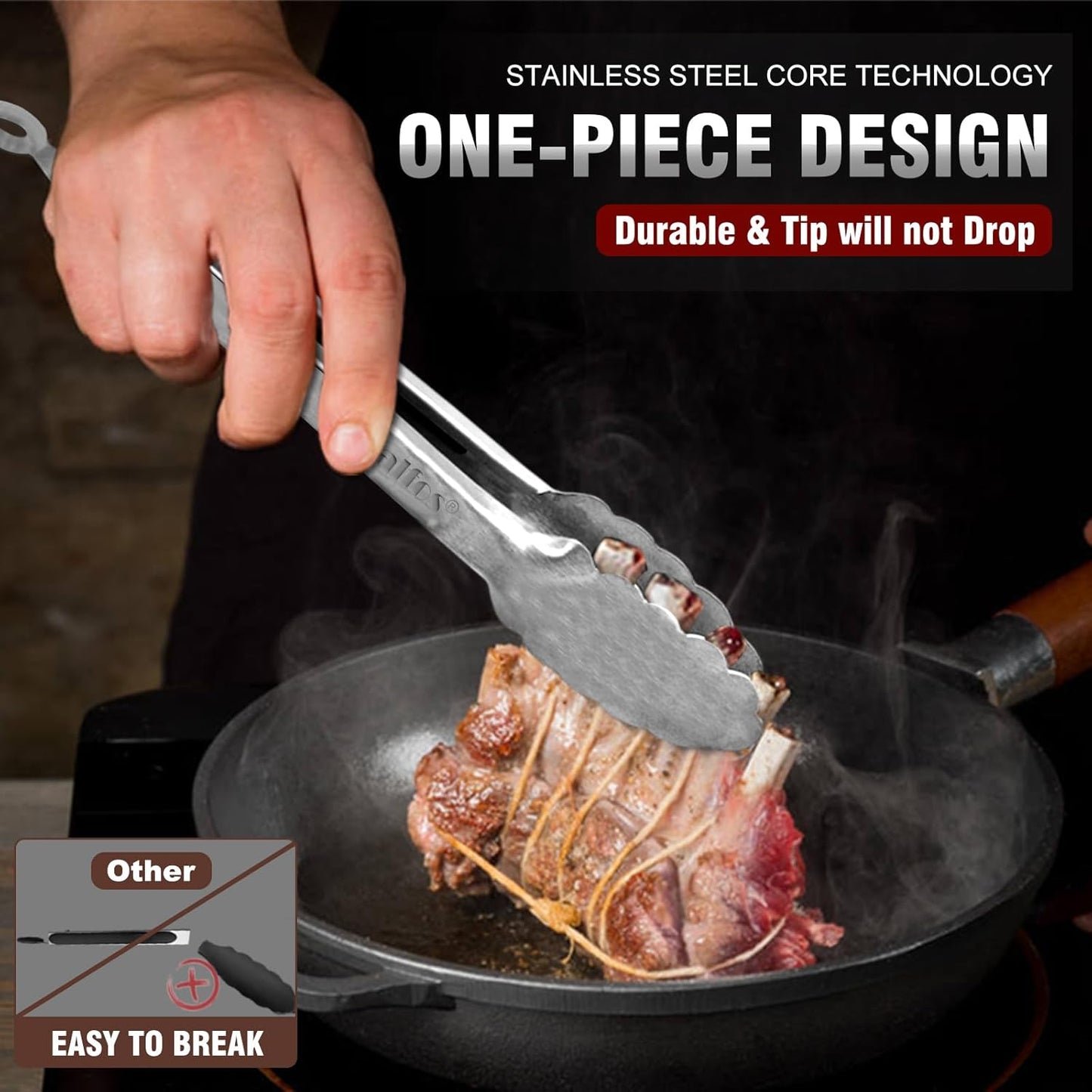 Walfos Stainless Steel Tongs, 3-Piece Set (7", 9", 12") - Heavy Duty, Heat Resistant, Non-Slip Grip, BBQ Grilling & Cooking Tongs